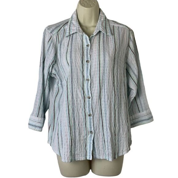 Columbia Striped Puckered Button Down Blouse Size Medium - Picture 1 of 6